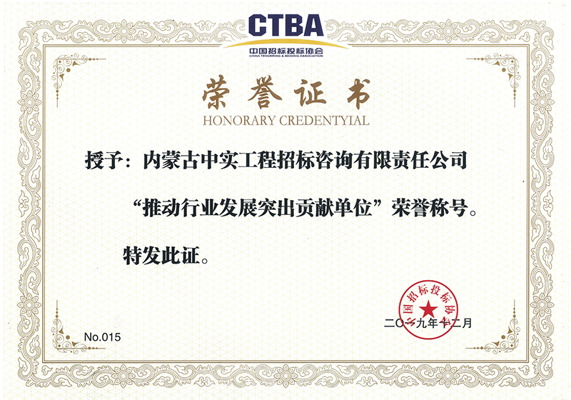 中国招标投标协会“推动行业发展突出贡献单位”荣誉证书