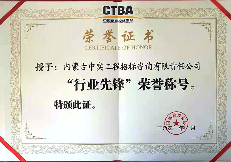 中国招标投标协会“行业先锋”荣誉证书